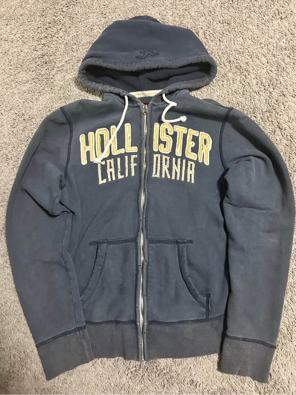 Hollister Navy Blue Hooded Zip Sweatshirt with Maroon Patch